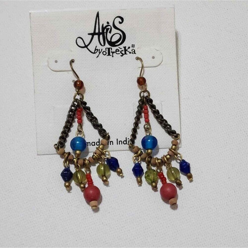 Aris by Treska Beaded Chandelier Earrings Multi Color Boho Drop Made in India